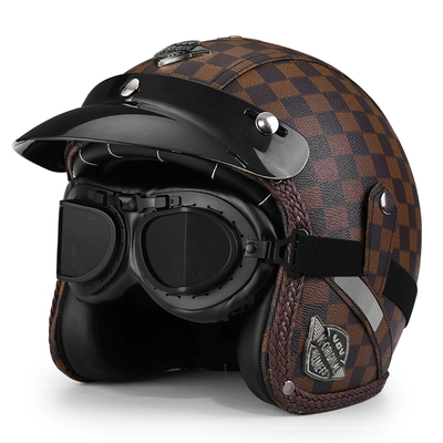 locomotive warm half helmet autumn – Motosiklet dəbilqələri - m-brown-plaid-print-black-mirror-free-brim-face-towel