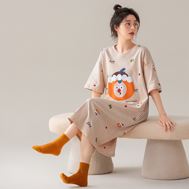 Class A Antibacterial Nightgown Women's Summer Pure Cotton Cartoon Sweet Cute Girl's Thin New Style Pregnant Women's Pajamas dress