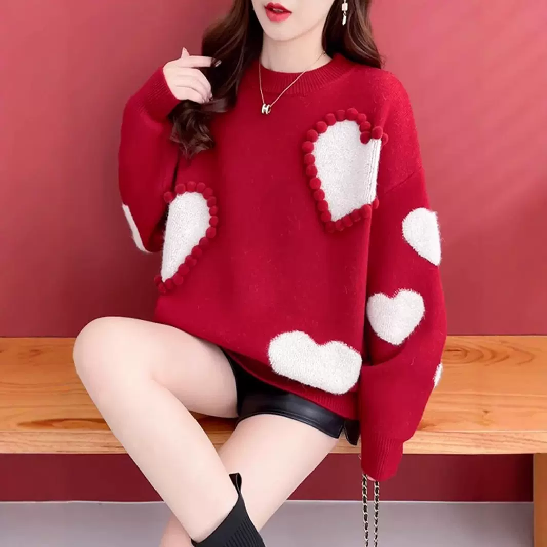 管网图红色新年毛衣女爱心提花围感冬季新款加厚洋气本命年上衣女