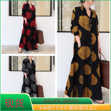 大码女装批发穆斯林棉麻印花长袖简约宽松休闲长款衬衫日韩连衣裙