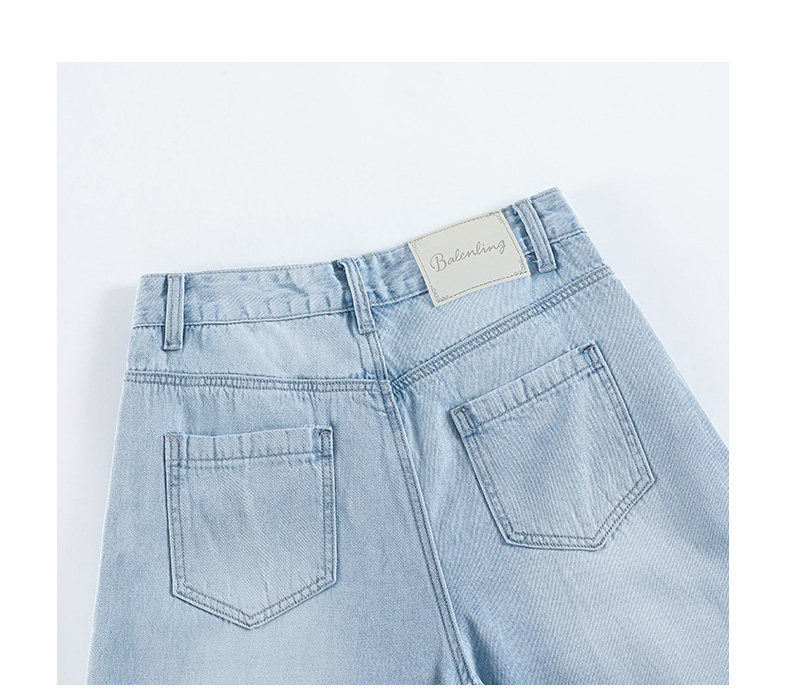 Quần jean nữ ống rộng cạp cao, dáng suông rách gối, chất vải denim mỏng mùa hè — Xanh nhạt 7 phút chi tiết 8