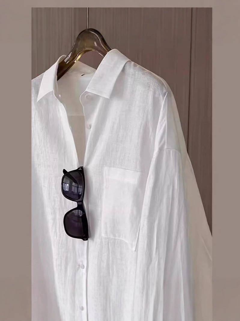 White autumn design shirt, cotton and linen, french style, oversize, sun protection, trend of season