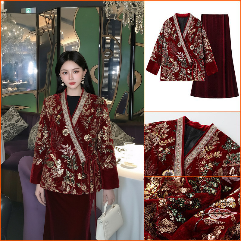 New Chinese-Style National Style New Year down Jacket Winter New Heavy Embroidery V-Neck Coat and Skirt Set Ny064