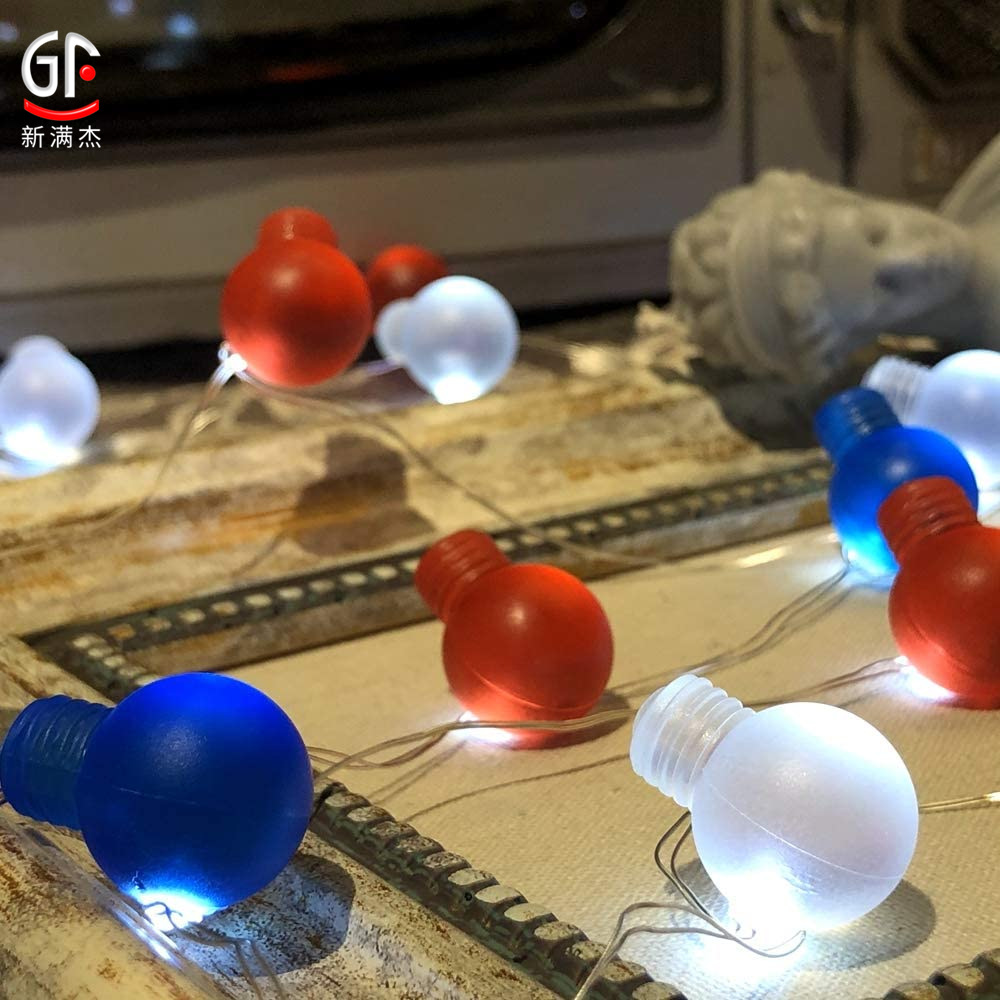 2021跨境新款美國獨立日紅白藍裝飾國旗3D燈泡五角星LED銅線燈串