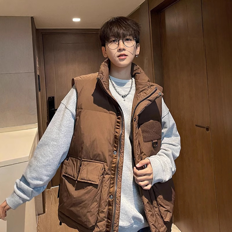 Workwear vest cotton-padded jacket boys 2023 winter new sleeveless waistcoat American retro loose stand collar coat
