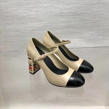小香风法式玛丽珍鞋2024新款圆头羊皮拼色珍珠高跟鞋粗跟浅口单鞋