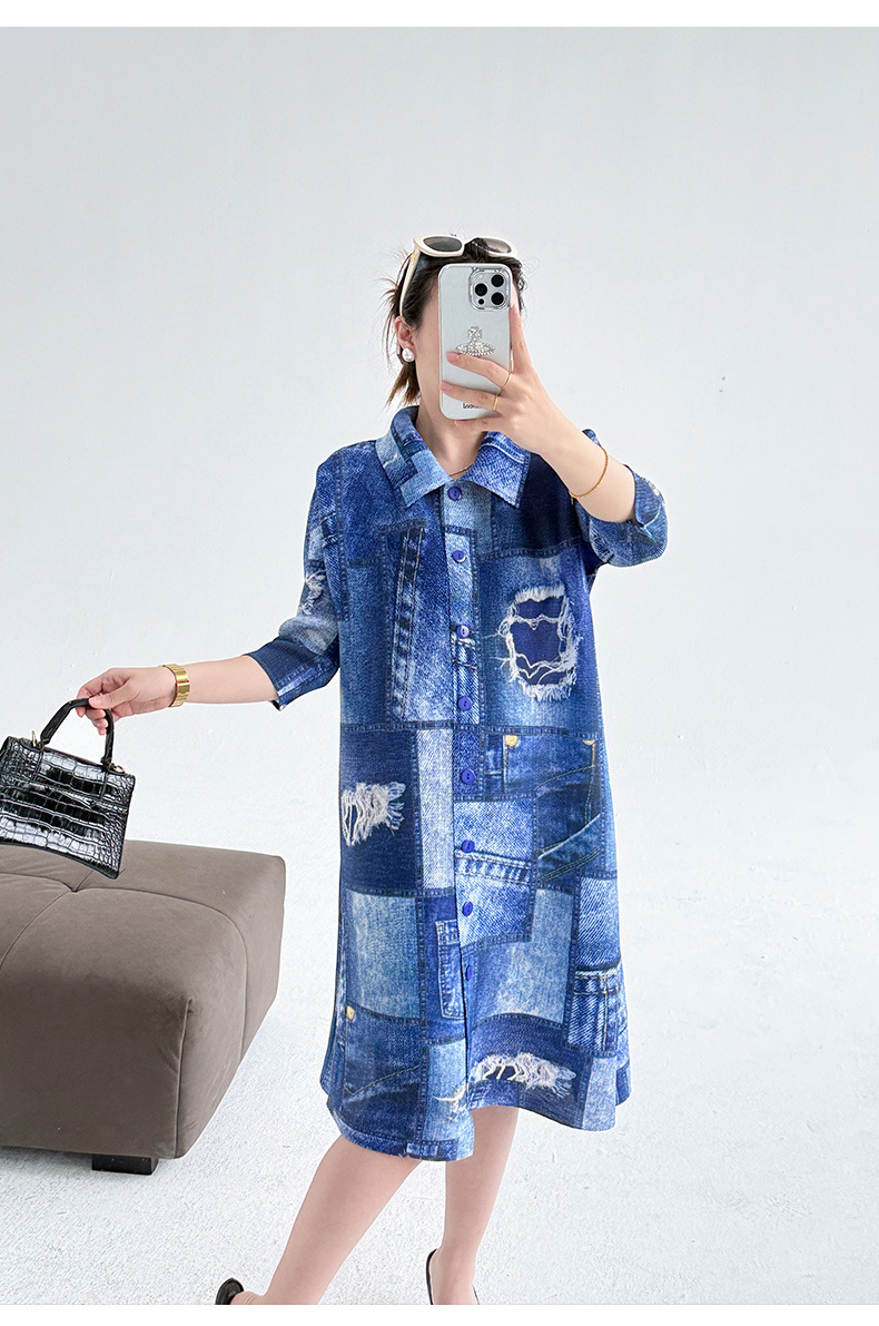 Váy liền thân denim in họa tiết, dáng suông cổ trụ, dài trung bình — Màu xanh lam chi tiết 6