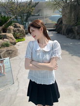 马西西微胖大码棉布娃娃领上衣女夏季白色设计感宽松显瘦短袖衬衫