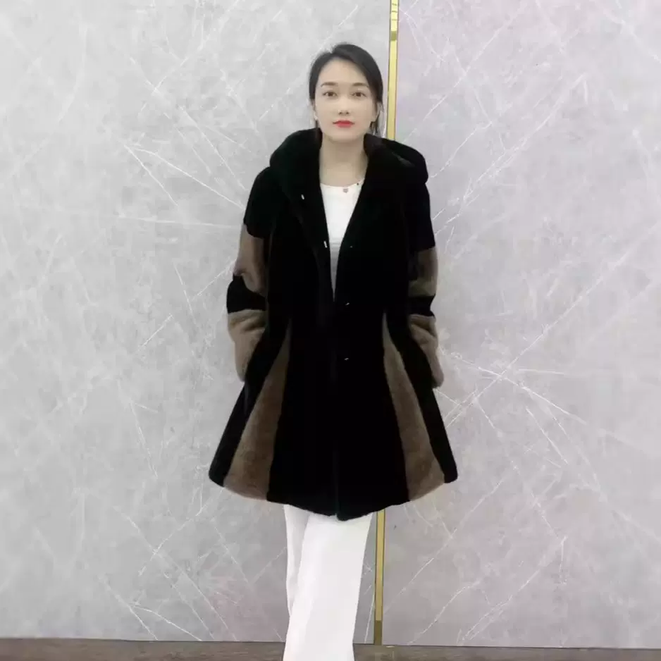 海宁雪兰貂外套女冬环保皮草仿水貂毛保暖连帽毛毛长裙摆拼色新款