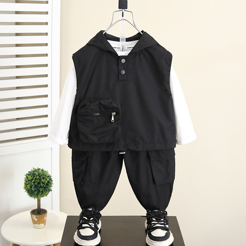 5969 traje de herramientas para niños 2024 otoño nuevo estilo fresco y guapo primavera y otoño para niños chaleco con capucha traje de dos piezas para bebés