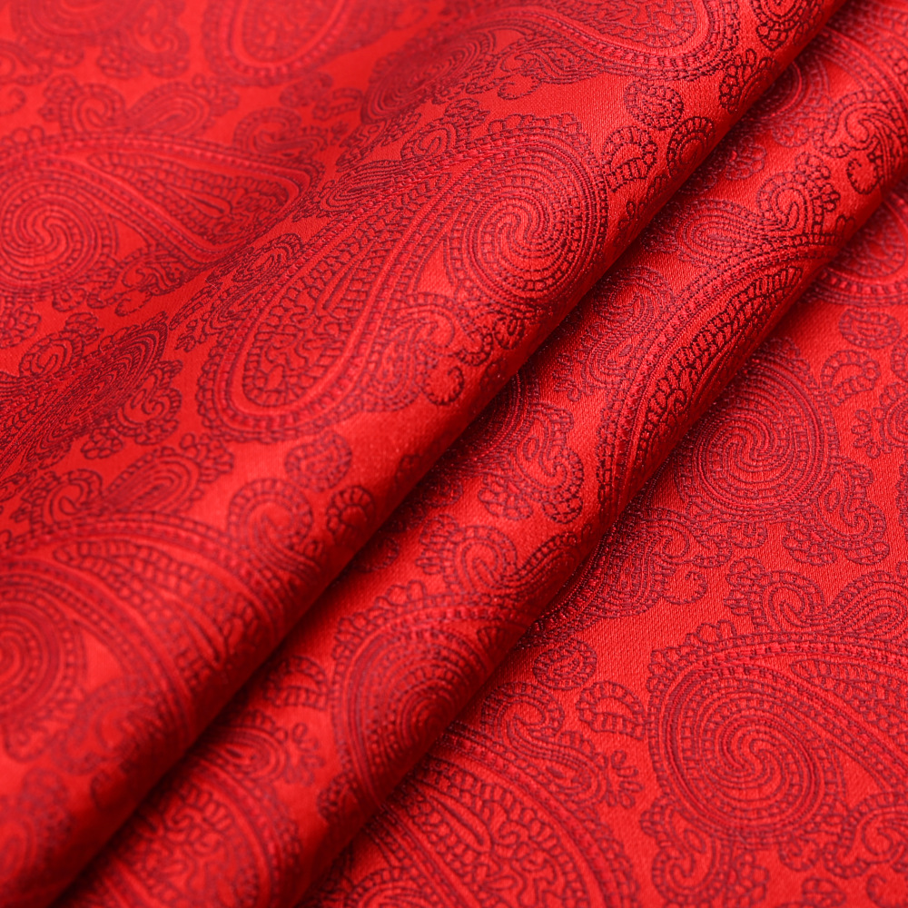 涤纶丝红色提花色织领带面料 佩斯利腰果花新郎伴郎结婚领带面料