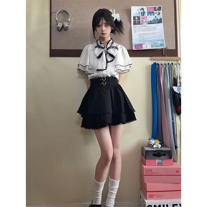2025 夏 rojita クリア日本甘いリボン気質トップシャツ + ショートスカート 2 ピース女性|undefined