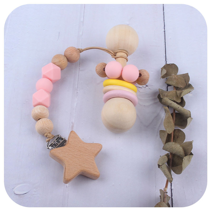 Creativo nuevo bebé suministros de madera niños jugar sonajero herramientas mordedor bebé ejercicio interactivo cuentas de silicona chupete cadena