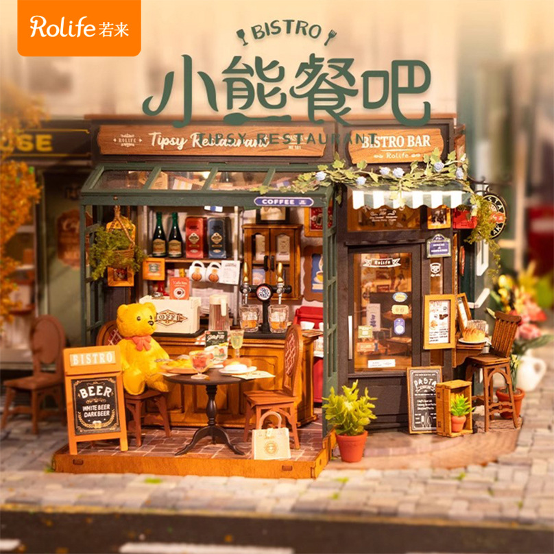 Rollife Ruo Lai Bear Dining Bar Cabaña hecha a mano de bricolaje Modelo de miniatura Casa de juguete ensamblado Bloques de construcción Chica