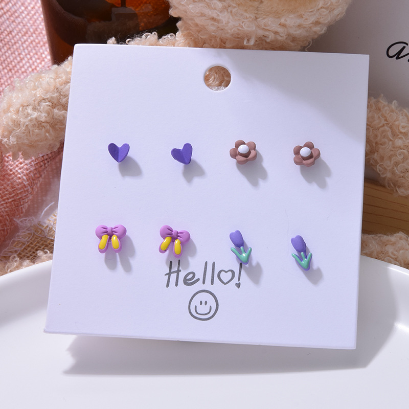 Korean Fashion Flower Bow 6 Pairs Of Earrings Set New Pearl Earrings display picture 7