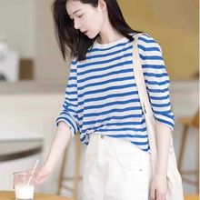 蓝白条纹针织长袖t恤女薄款设计感小众防晒罩衫海魂衫上衣秋