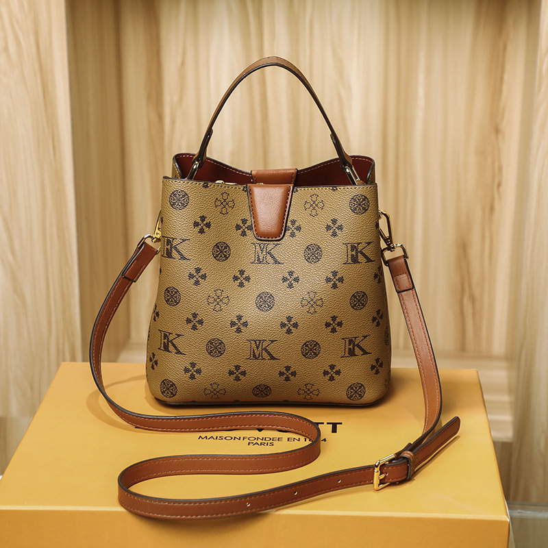 Women's Genuine Leather Handbag 2025 New Trendy Fashion Shoulder Crossbody Color-Block Monogram Bucket Bag - Thumbnail 6