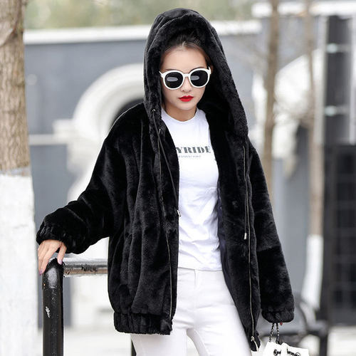 Women's Fleece Hooded Coat, Medium-Long Winter Korean Style Loose Plush Warm Long-Sleeved Fleece-lined Short Jacket