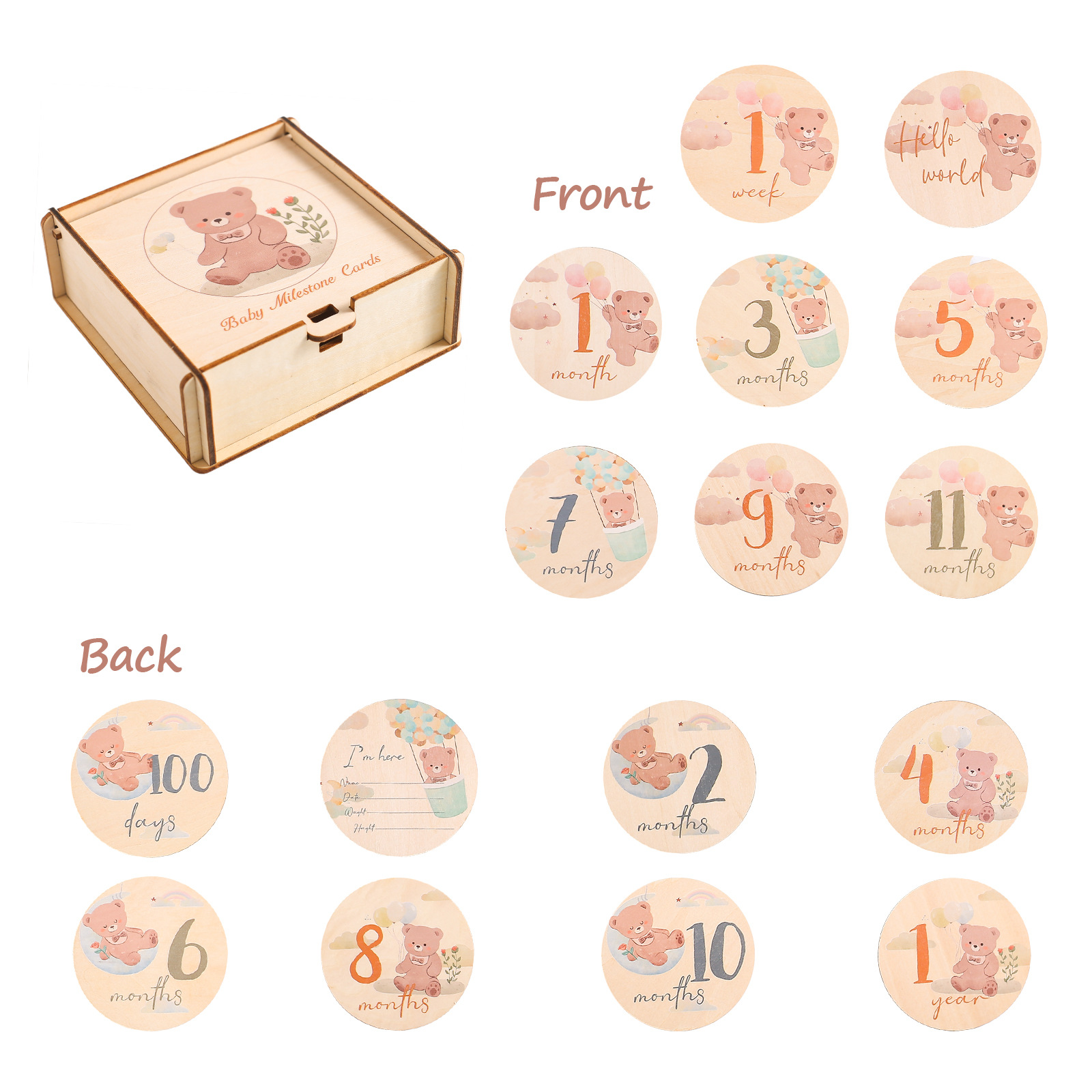 Nuevos productos transfronterizos Traje de hito de dibujos animados de madera para niños Foto de bebé Crecimiento Adornos conmemorativos Kilometraje en caja