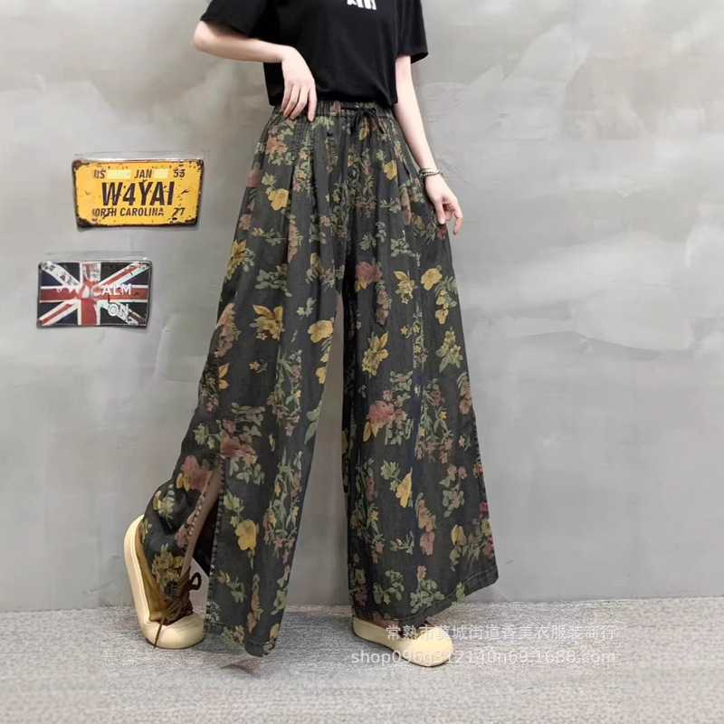 Tencel Jeans with Dyed Color 2025 Summer Style Artistic Print Denim Wide-Leg Pants Retro Elastic Waist with Side Slit