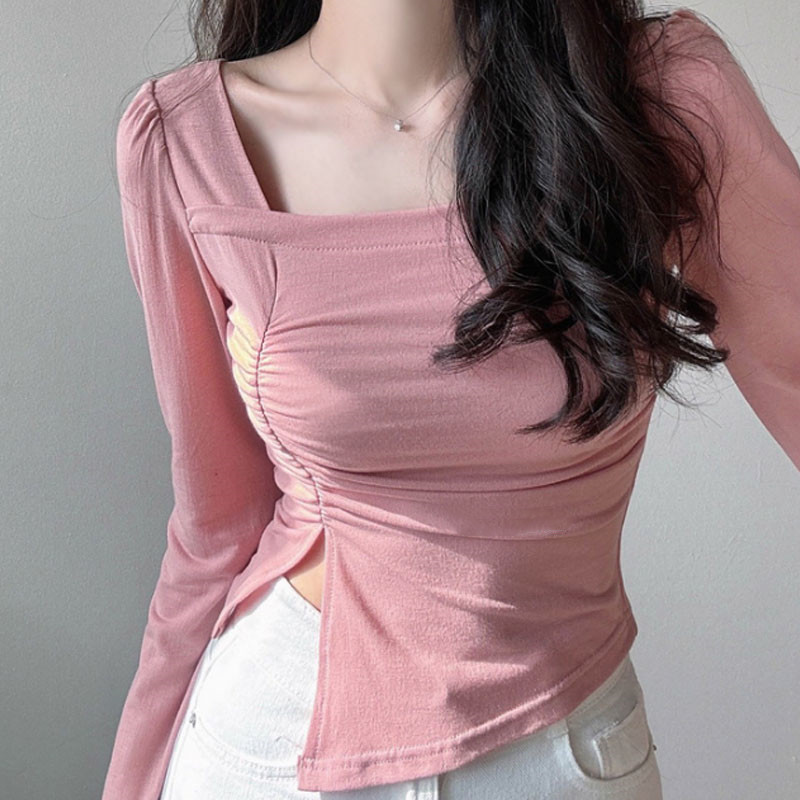 Pink design pleated split long-sleeved top women's square collar slim-fit slimming bottoming shirt South Korea new pure autumn