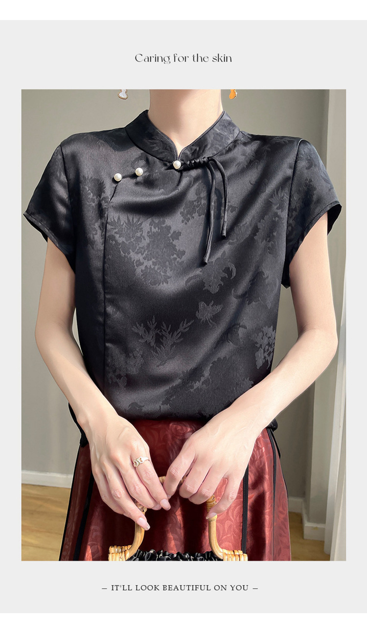 【中国直邮】 奢笛熊 春夏新款新中式丝绸立领盘扣T恤复古印花缎面短袖 白色 M