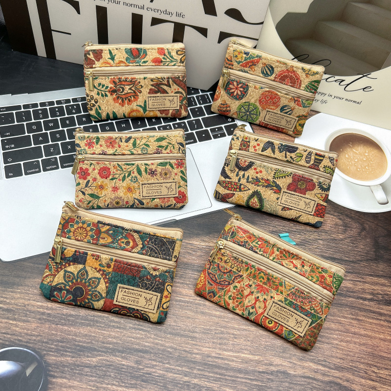 Cross-Border New Style Coin Purse Double Zipper Card Holder Coin Bag Cork Retro Coin Pouch Handheld Small Wallet Foreign Trade