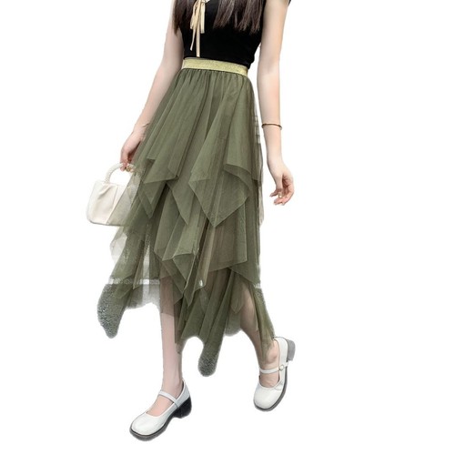 Summer Irregular Mesh Skirt, Mid-Length, High-Waisted, Slimming A-Line, Fairy-Like Fluffy Design