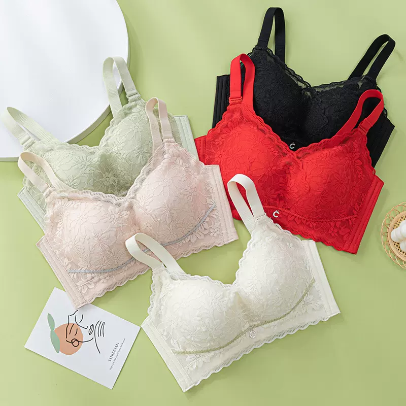 梦舒婷855#乳胶加厚手掌厚杯无钢圈文胸性感蕾丝聚拢调整型内衣女