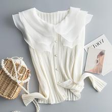 仙美气质!法式宫廷风!欧根纱荷叶边领拼接钻爱心扣针织开衫女春