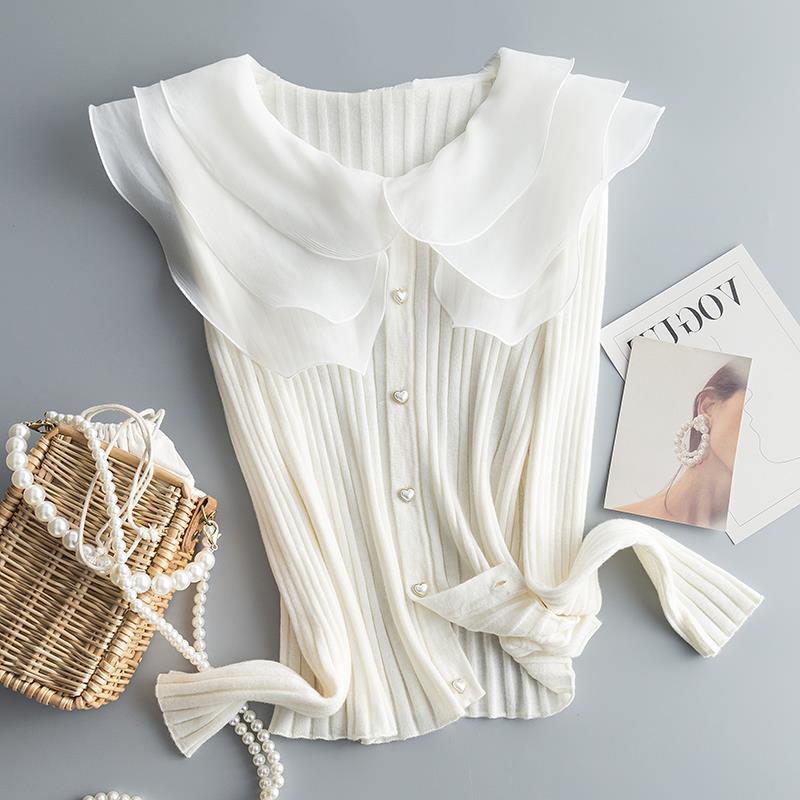 仙美气质!法式宫廷风!欧根纱荷叶边领拼接钻爱心扣针织开衫女春