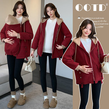 气质抱婴大衣孕妇装外套棉衣秋冬宝妈抱娃时尚母子连体衣袋鼠装