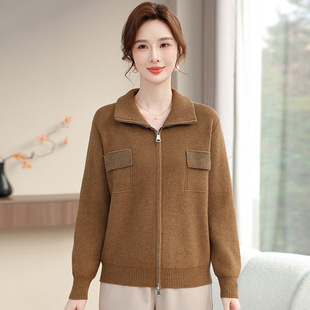 2025 New Mom Spring and Autumn Fashion Coat Middle-aged and Elderly Women's Lapel Knitted Sweater Cardigan