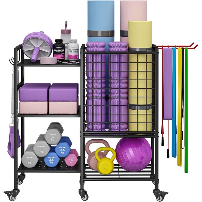 Home Yoga Mat, Fitness and Sports Equipment Storage Basket, Storage Rack, Badminton Racket, Basketball Wheeled Household Storage Basket