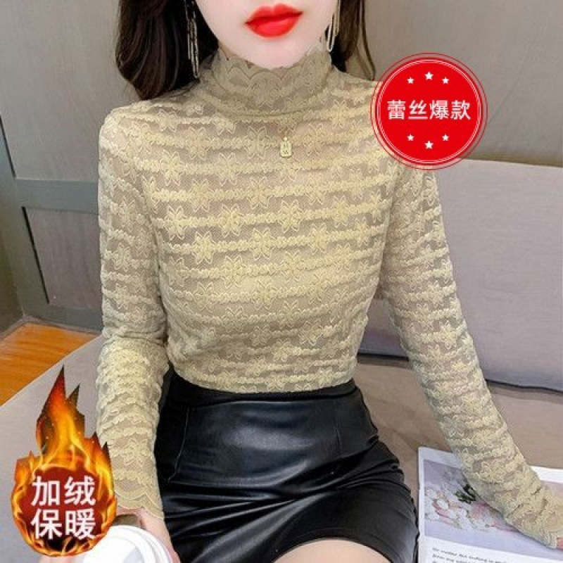 2025 new velvet half turtleneck lace base shirt for women with autumn and winter underwear fashionable shirt long-sleeved hook-flower top