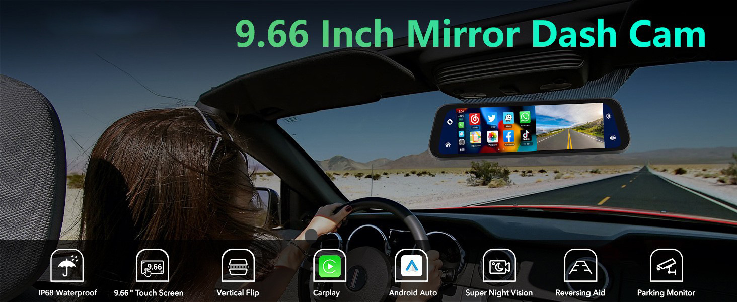9.66inch Carplay Smart Screen Android Auto Screen Mirroring Bluetooth Fm Dash Cam No Installation Required