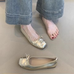 潮不南 ~ フランス式の小さい香風の蝶結びの浅い口のバレエの靴の女性の百合の角の頭の優しい平のミルクの靴