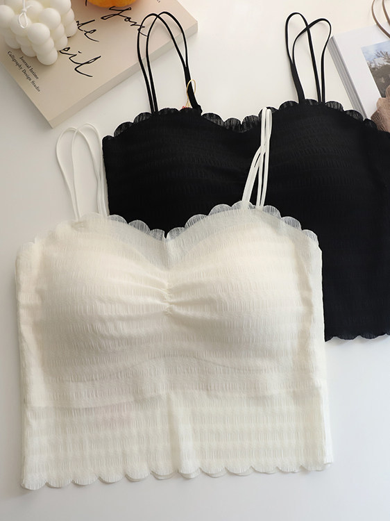 Summer Lace Bubble Gauze Camisole Anti-Exposure Bra with Fixed Cups, Gathered Bust, and Exposed Midriff for Women, Featuring a Beautiful Back Design
