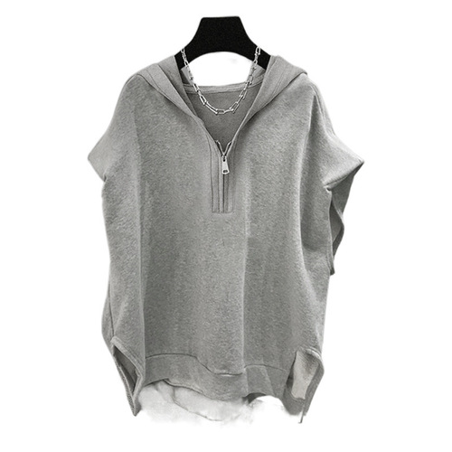 Extra Large Code 300 Pounds Solid Color Zipper Hooded Sleeveless Sweatshirt for Women Autumn Ins Korean Version Loose Backless Top Summer 200