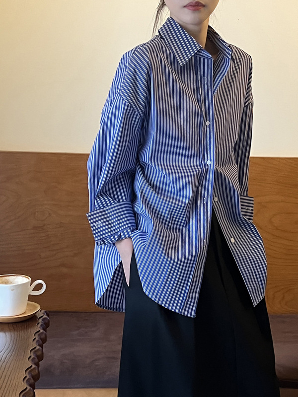 法式复古蓝色条纹衬衫女设计感小众法式上衣慵懒风宽松长袖衬衣外|undefined