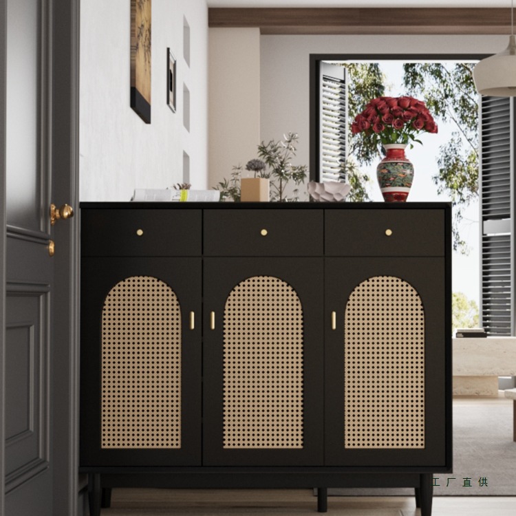 Rattan Shoe Cabinet, Entrance Sofa Partition, Entrance Cabinet, Integrated Home Entrance Solid Wood Frame, Antique Style Living Room Foyer Cabinet
