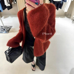 韩系慵懒风马海毛针织开衫一宽松复古灯笼袖羊毛混纺外套女P5098