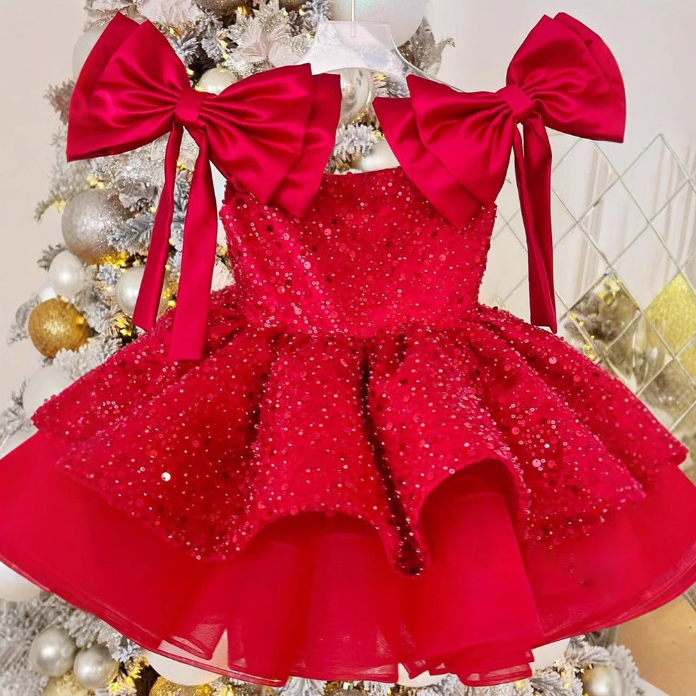 크리스마스 어린이 원피스 2025 새로운 빨간 어린이 스팽글 푹신한 원사 소녀 원피스 공주 원피스 국경을 넘어