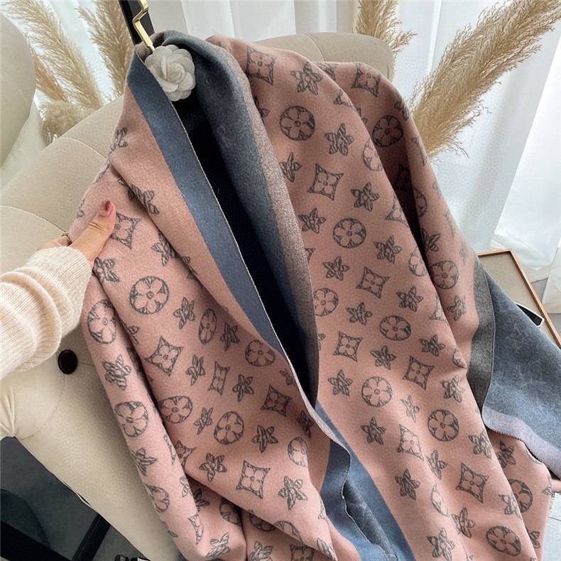 スカーフ女性の秋と冬の新しい模造カシミヤ両面ジャカード暖かいショール厚みのある五葉の花のスカーフハイエンドのファッション|undefined