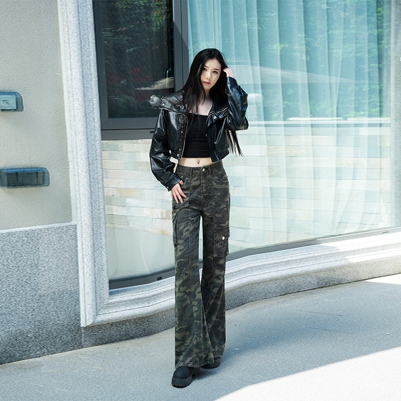 Slim Flared Pants Camouflage Cargo Micro Jeans Women's Autumn New 2025 Retro Hot Girl High Waist Floor-Length Pants