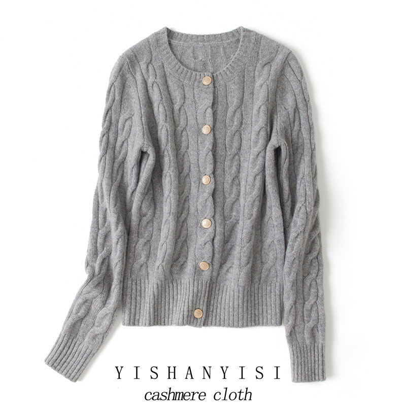 内蒙古240克秋冬100纯山羊绒女麻花复古开衫纯色针织毛衣外套外搭