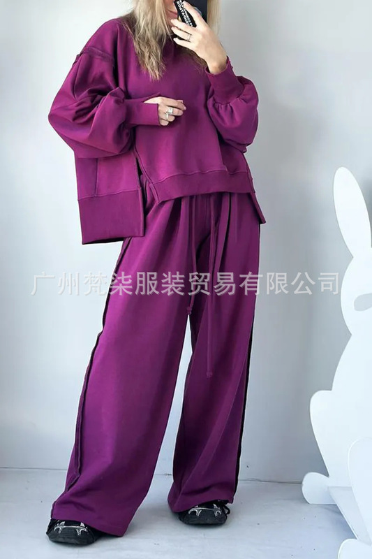 欧美跨境2025秋冬亚马逊新款圆领拼接卫衣抽绳运动长裤休闲套装女|undefined