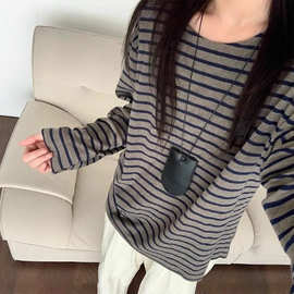 美式复古条纹长袖t恤女早秋季2025新款宽松慵懒风松弛感女上衣