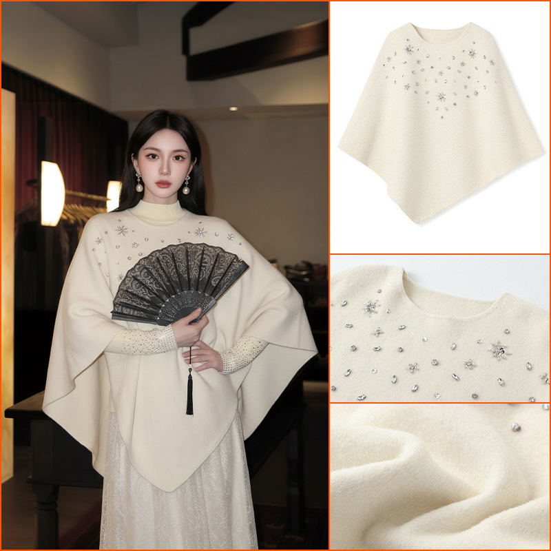 French Style Elegant Woolen Outwear Autumn and Winter New Stereo Snowflake Beaded Wool Cape Outwear Nx042
