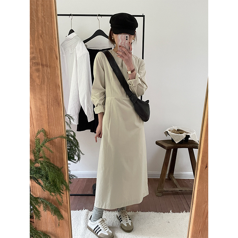 2025 New Autumn Clothing Round Neck Long Sleeve Design Slimming Look A-Line Straight Skirt Korean Style High Waist Long Dress for Women